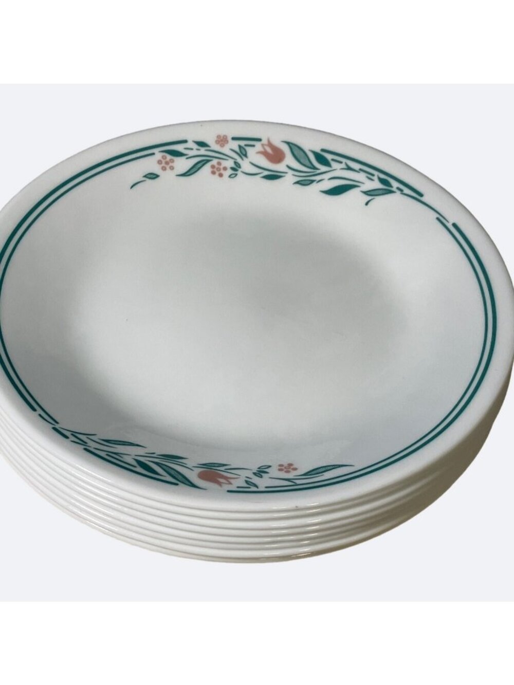 Corelle Rosemarie Bread Plates 6-3/4" Pink Tulips Teal Green Leaves Set of 8 - Picture 7 of 7